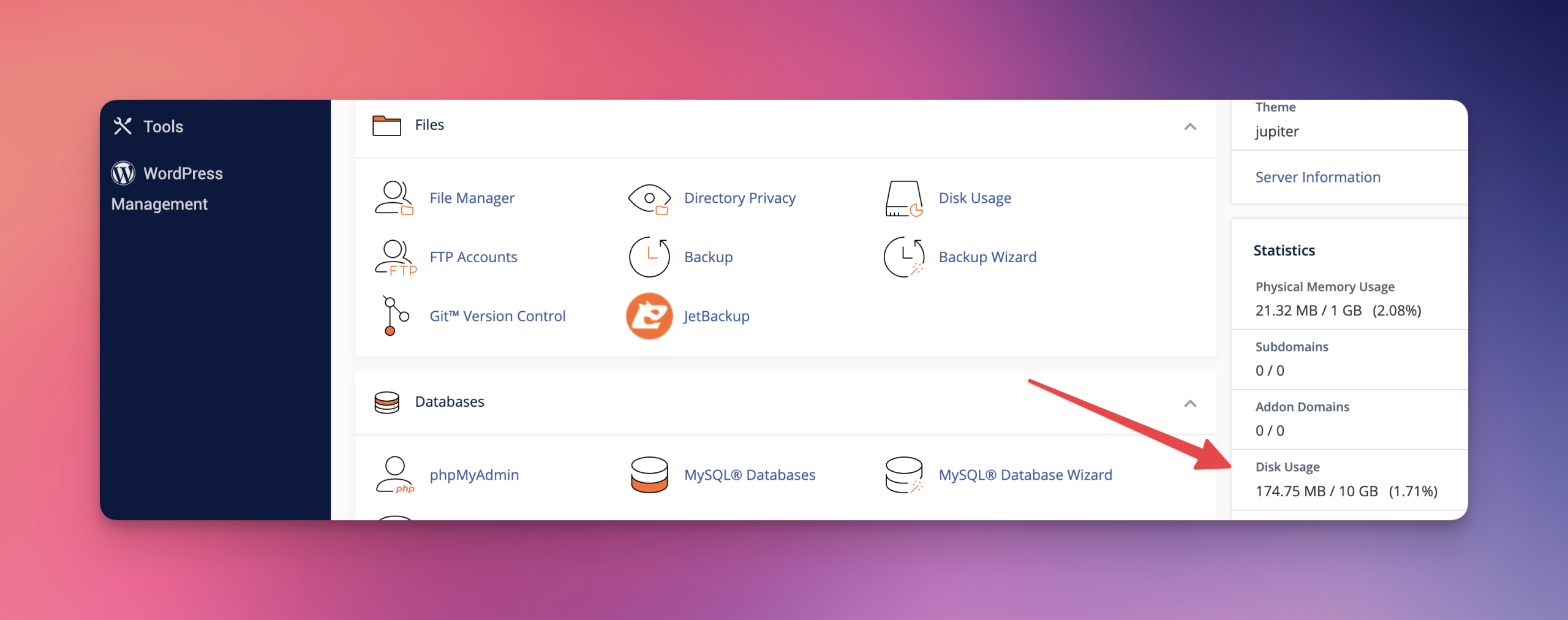 Disk Usage widget on the cPanel dashboard.